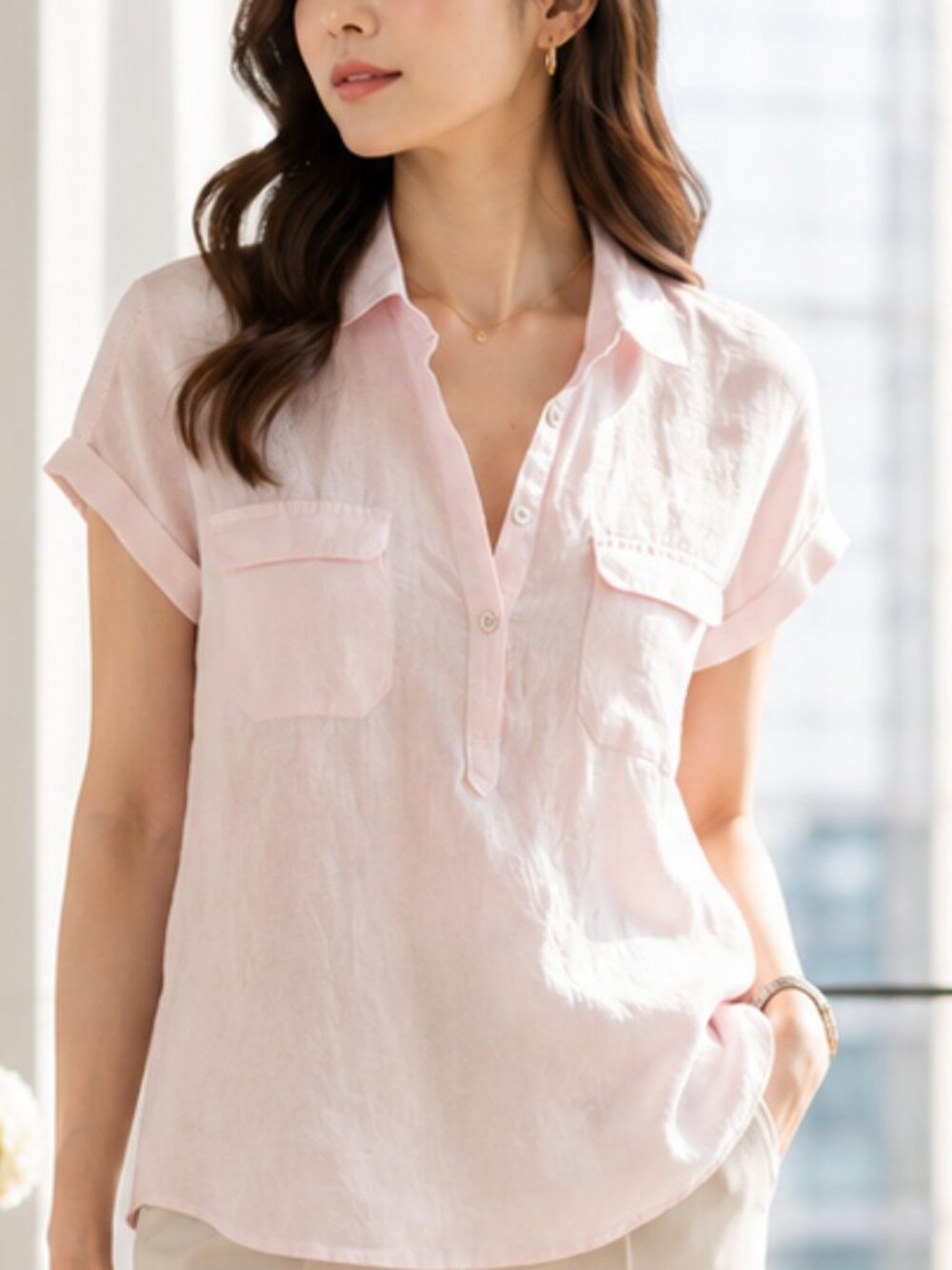 Tommy Bahama Pink Linen Crochet Trim Short Sleeve Button Shirt Top Small EUC